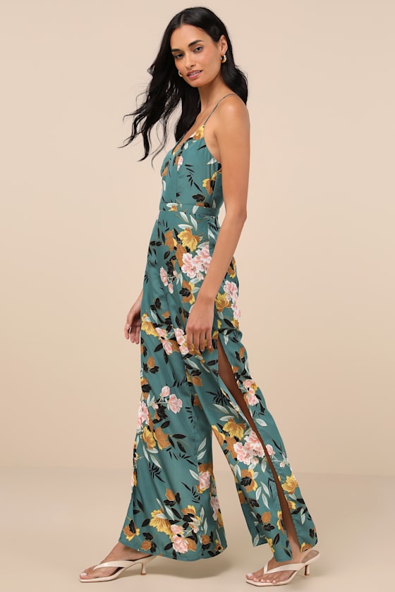 Beautiful Blooms Teal Green Floral Print Wide-Leg Jumpsuit