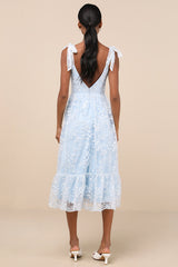 Distinctly Sweet Blue Floral Embroidered Tie-Strap Midi Dress