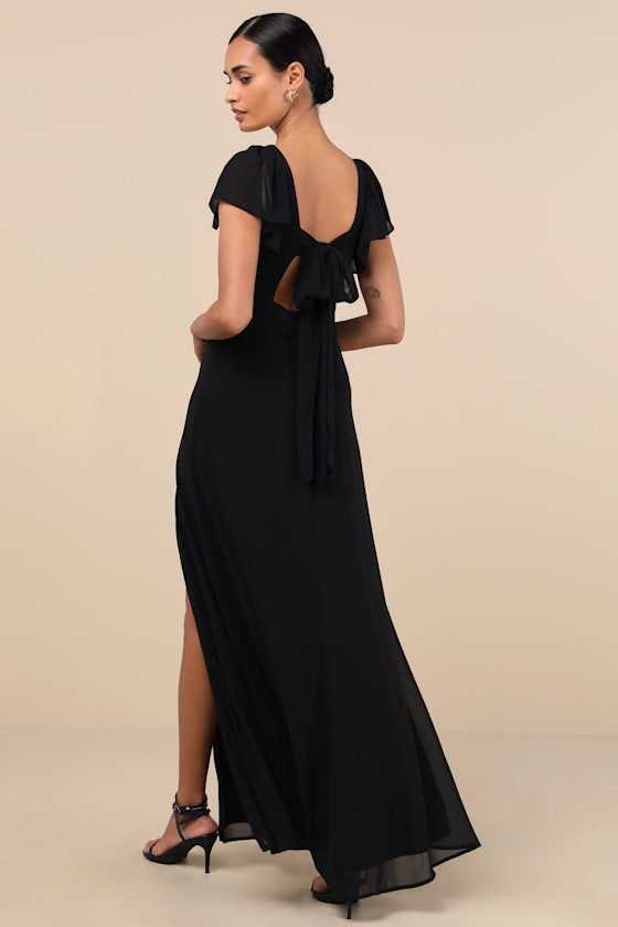 Simply Delightful Black Tie-Back Flutter Sleeve Maxi Dress