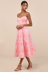 Meet for Tea Pink Jacquard Bustier Midi Dress With Pockets
