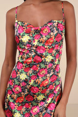 Favorite Icon Black Multi Floral Satin Cowl Neck Slip Midi Dress