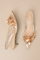SB-Robin Gold Vinyl Floral Applique Slingback Kitten Heel Pumps