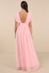 Simply Delighted Pink Mesh Ruffled Backless Maxi Dress