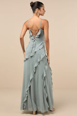 Fancy Sweetness Sage Green Ruffled Lace-Up Sleeveless Maxi Dress