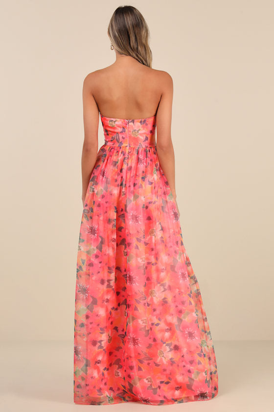 Wonderful Waltz Coral Floral Print Strapless Bustier Maxi Dress