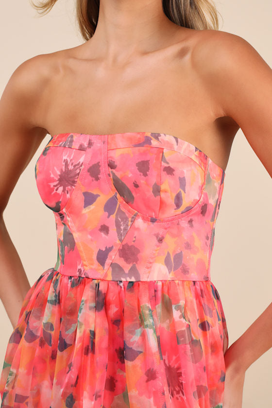 Wonderful Waltz Coral Floral Print Strapless Bustier Maxi Dress