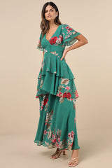 Midnight Mood Teal Green Floral Print Tiered Maxi Dress
