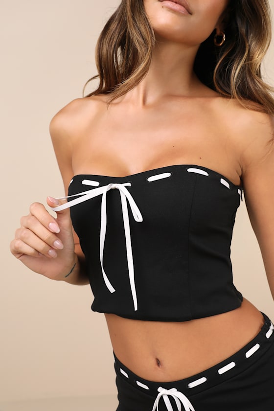 Jalie Black Ribbon Strapless Crop Top