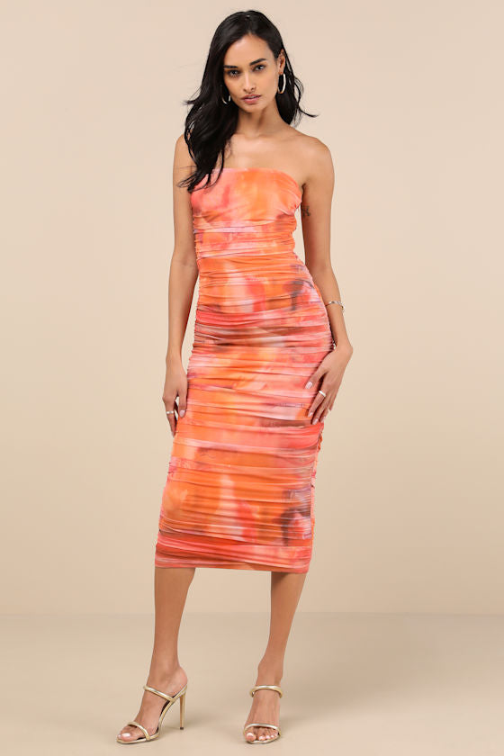 Vania Orange Abstract Mesh Ruched Strapless Midi Dress