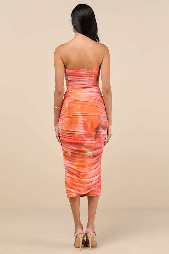 Vania Orange Abstract Mesh Ruched Strapless Midi Dress