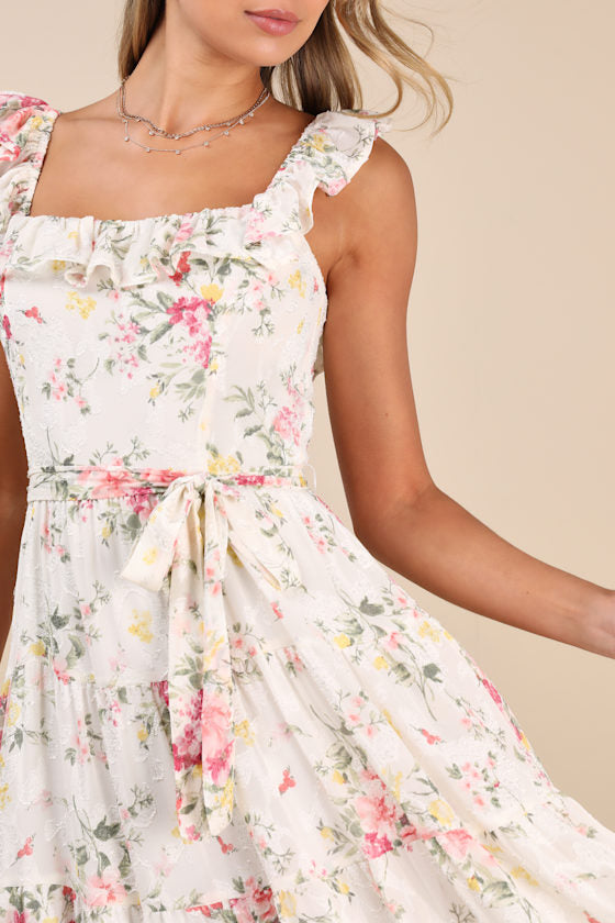 Shela Ivory Floral Jacquard Tiered Midi Dress