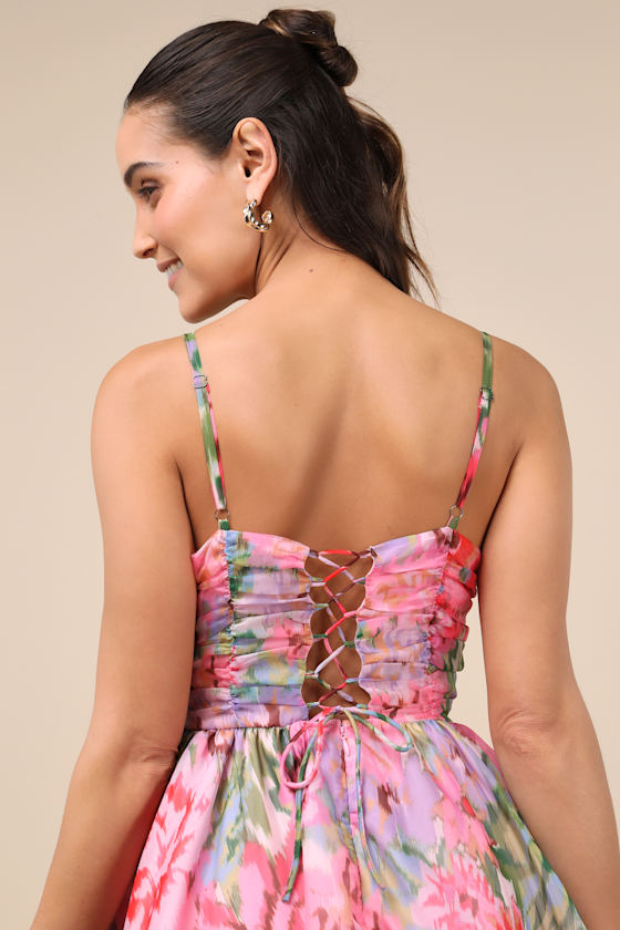 Evonne Pink Abstract Floral Tiered Mini Skater Dress