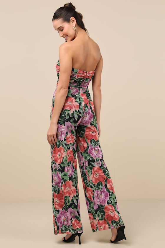 Layka Black Multi Floral Mesh Wide-Leg Jumpsuit