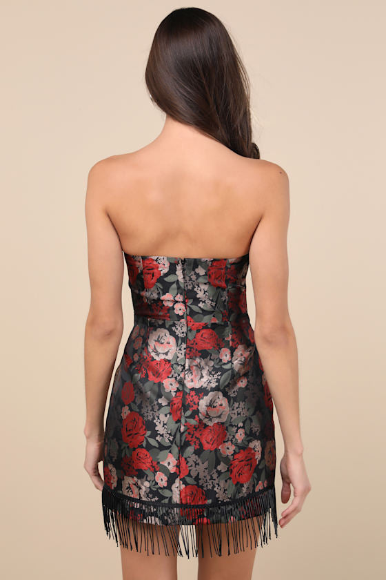 Wyla Black Multi Floral Jacquard Fringe Mini Dress