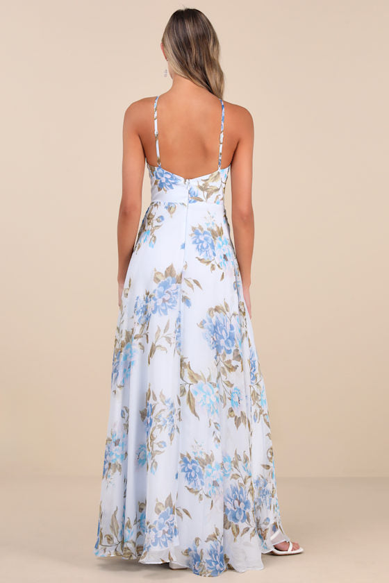 Romantic Marvel Light Blue Floral Print Halter Neck Maxi Dress