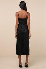Regal Romance Black Floral Jacquard Pleated Satin Midi Dress