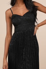 Regal Romance Black Floral Jacquard Pleated Satin Midi Dress