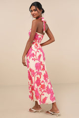 Layton Pink and Cream Floral Halter Maxi Dress