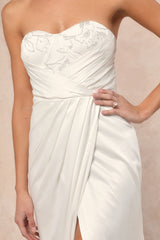 Heidy White Satin Beaded Strapless Maxi Dress