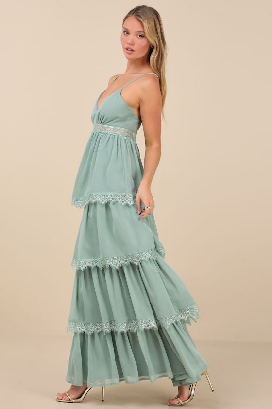 Reed Sage Tiered Lace Maxi Dress