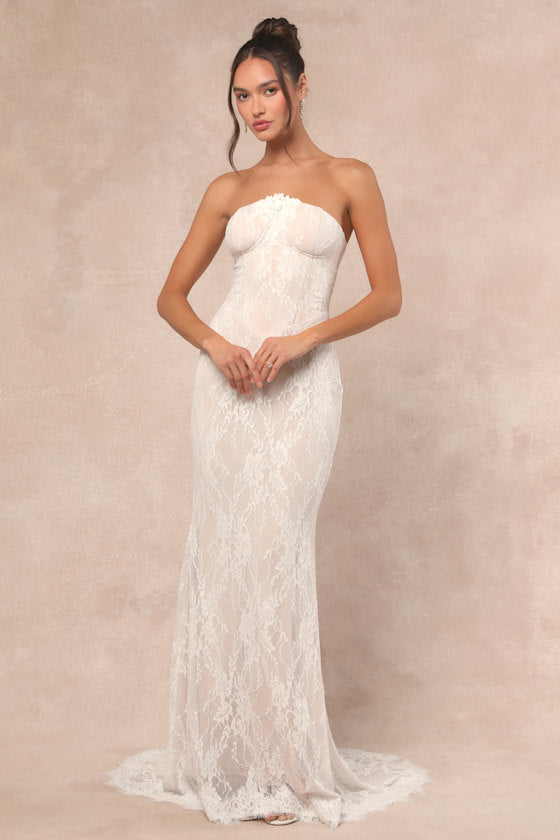 Valeria White Lace Strapless Bustier Maxi Dress