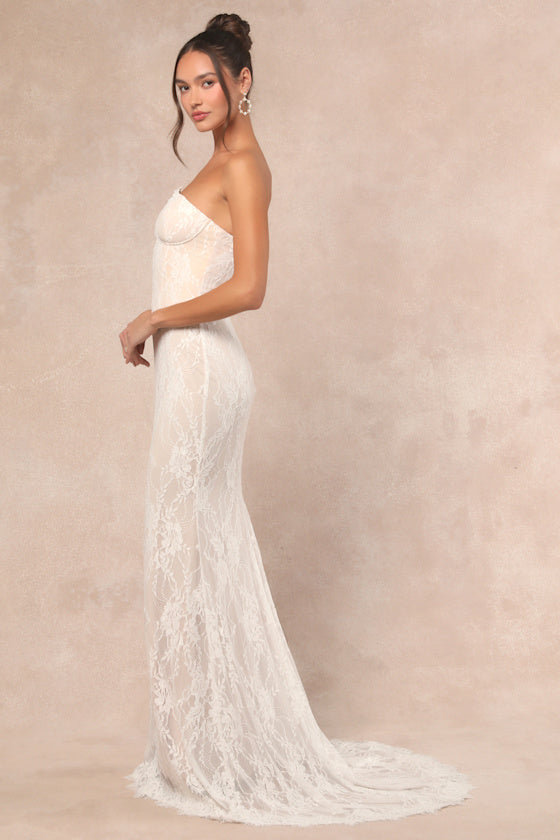 Valeria White Lace Strapless Bustier Maxi Dress