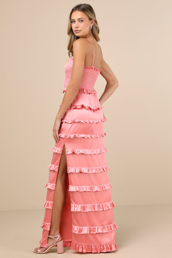 Sincerely Fabulous Peach Pink Satin Smocked Ruffled Maxi Dress
