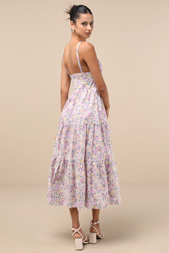 Brightly Blossoming Pink Multi Floral Tiered Midi Dress