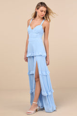Sincerely Poised Light Blue Backless Bustier Tiered Maxi Dress