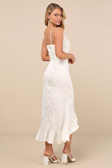 Modern Passion Ivory Floral Satin Jacquard Ruffled Midi Dress