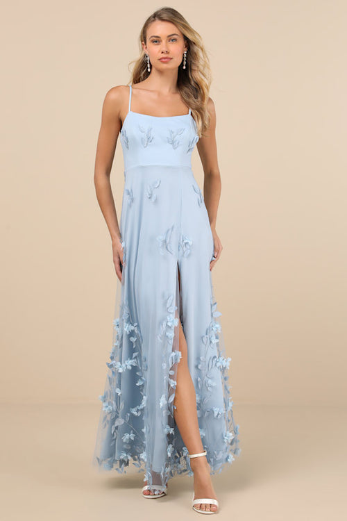 Abundant Charm Light Blue 3D Floral Applique Maxi Dress