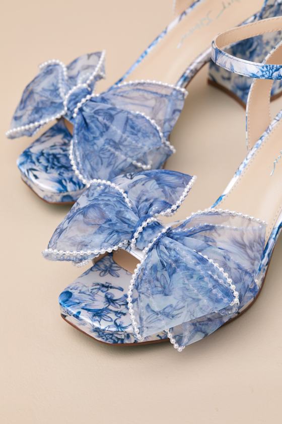 SB-Duke Blue Floral Bow High Heel Ankle Strap Sandals