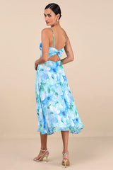 Radiant Feelings Blue and Green Floral Chiffon Midi Dress