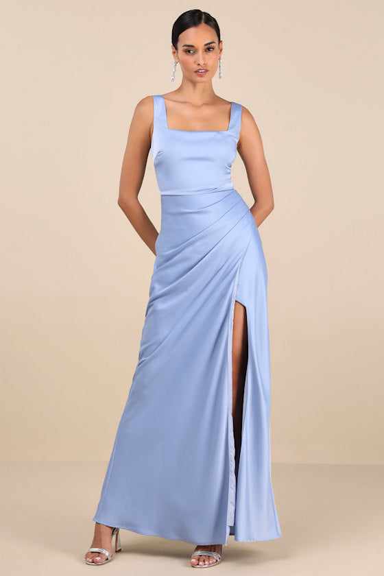 Red Carpet Romance Light Blue Satin Square Neck Maxi Dress
