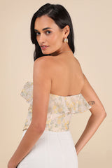 Natela Cream Floral Strapless Ruffled Top