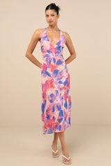 Delight in Elegance Pink and Blue Multi Floral Halter Midi Dress