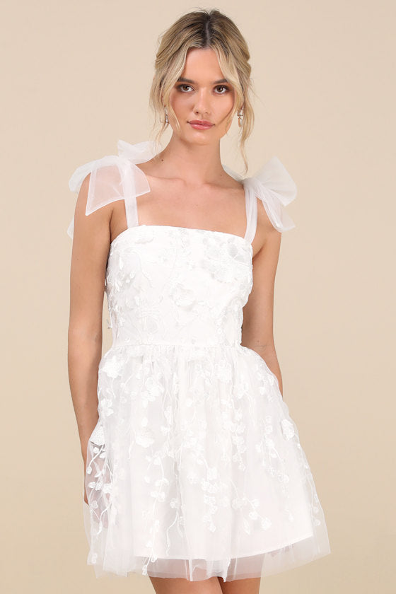 Classic Romance White 3D Floral Applique Tie-Strap Mini Dress