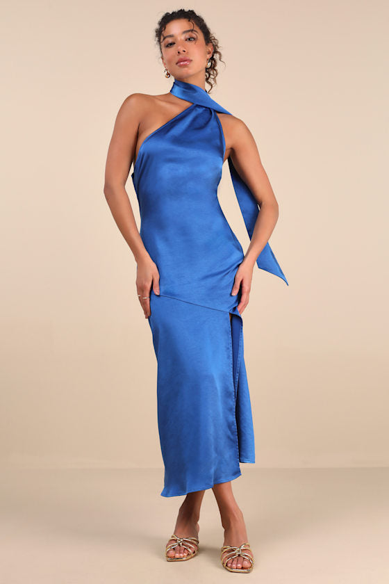 Reglan Blue Satin One-Shoulder Sash Midi Dress