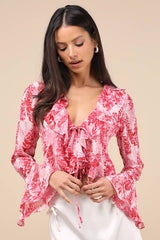 Thriving Flirt Pink Leaf Print Ruffled Long Sleeve Tie-Front Top