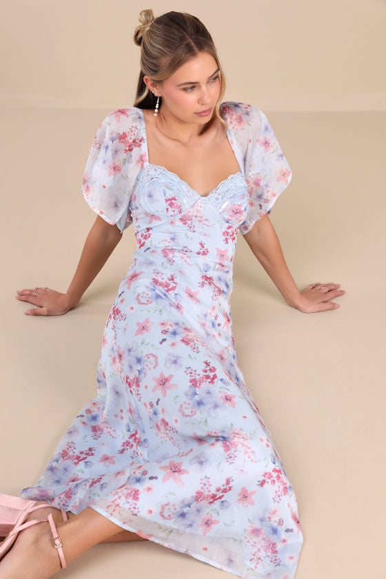 Valla Light Blue Floral Flutter Sleeve Midi Dress