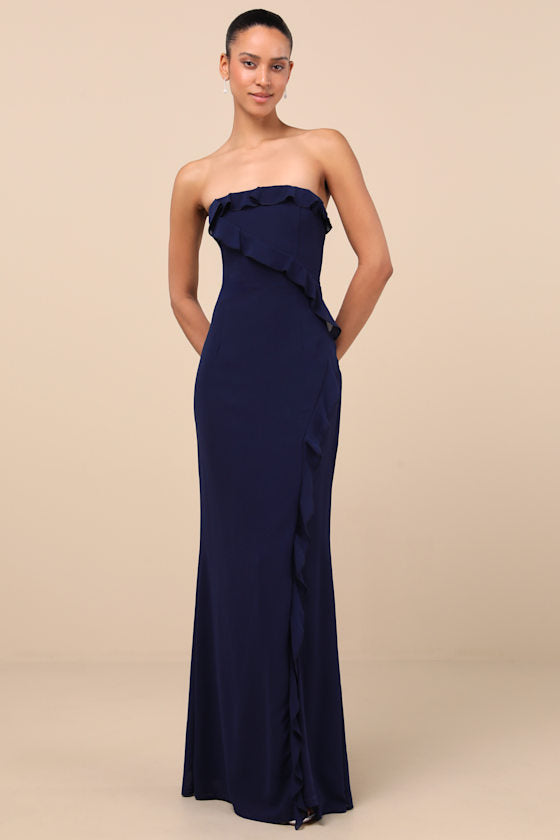 Excellent Sensation Navy Strapless Ruffled Maxi Dress