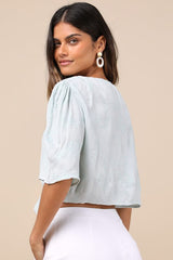 Delightful Darling Mint Floral Embroidered Tie-Front Crop Top