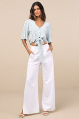 Delightful Darling Mint Floral Embroidered Tie-Front Crop Top