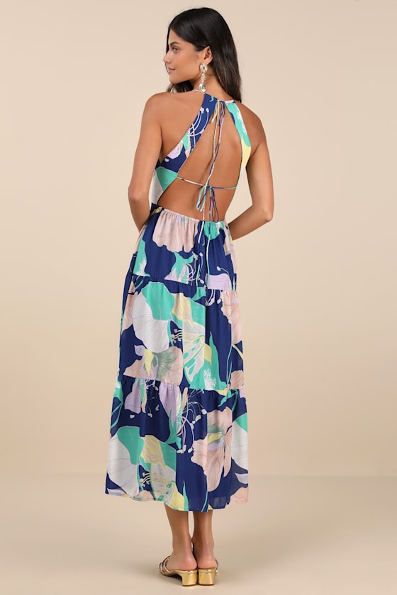 Hours of Flowers Blue Multi Floral Lace-Up Tiered Midi Dress
