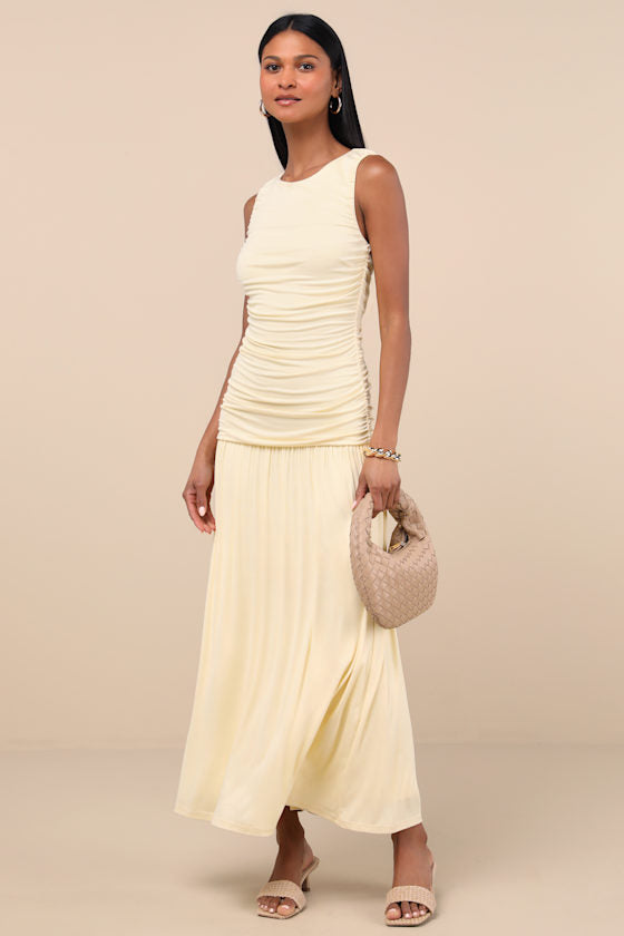 Tamber Light Yellow Jersey Knit Drop Waist Midi Dress