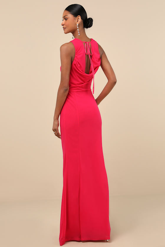 Stunning Mystery Fuchsia Mesh Cowl Back Mermaid Maxi Dress
