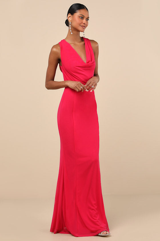 Stunning Mystery Fuchsia Mesh Cowl Back Mermaid Maxi Dress