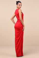Enticing Darling Red Asymmetrical Ruched Maxi Dress