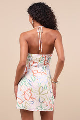 Cloelia Ivory Abstract Floral Button-Front Halter Mini Dress