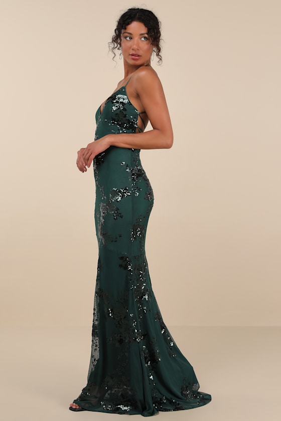 Valhalla Forest Green Sequin Lace-Up Maxi Dress